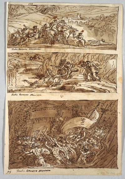 Strana skicáře, Folio 95: Tři obrazy podle Giulia Romana; Verso: Lev a Orel od Felice Giani