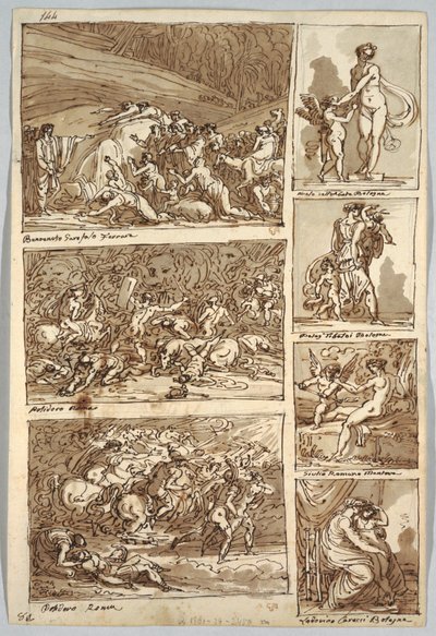 Strana skic: Studie po obrazech ve Ferraře, Římě, Bologni, Mantově podle umělců Tibaldiho, Raphaela, Andrea del Sarto a Polidoro; Verso: Ptačí kostra a koňská hlava od Felice Giani