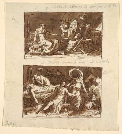Thetis v dílně Hephaestus; Thetis ukazuje brnění Achilleovi: Dva návrhy stropních panelů v Galeria d