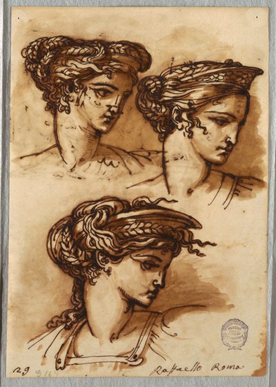 Tři studie hlavy s diadémem a pletenými vlasy podle Raphaela od Felice Giani