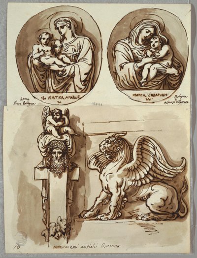 Dvě kresby Madony s dítětem na oválech, Studie podle Giambologny a Alfonza da Ferrera; Herm a Chimera, po Antique od Felice Giani