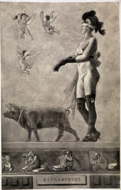 Pornokrates (Nahá žena, proužky očí, obklopená anděly a držící prase na vodítku) - kresba Felicien Rops (1833-1898) od Félicien Rops