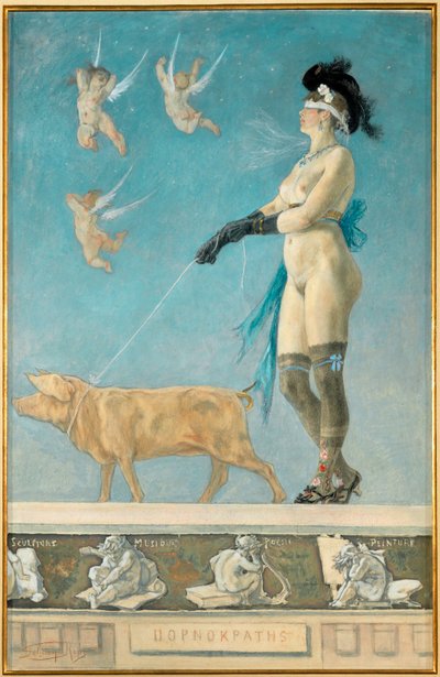 Pornokrates, obraz ženy jako věčné pokušitelky a dcery Evy (pastel a kvaš na papíře) od Felicien Rops