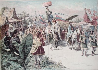 Cortege guvernéra Hanoje, kolem 1870-80 (barevné lito) od Felicien baron de Myrbach Rheinfeld