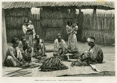 Domorodí lidé vyrábějící tabák. Rytina od Myrbach k ilustraci příběhu Lucon a Palaouan, šest let na Filipínách, Alfred Marche (1844-1898), v le tour du monde 1886, režie Edouard Charton (1807-1890), Hachette, Paříž. od Felicien baron de Myrbach Rheinfeld