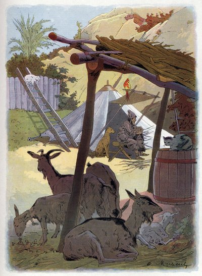 Robinson Crusoe domů se svými zvířaty. od Felicien baron de Myrbach Rheinfeld