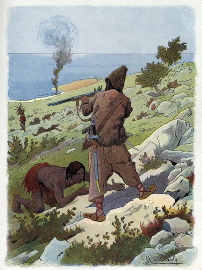 Robinson Crusoe zabíjí divochy, kteří pátky pronásledují. od Felicien baron de Myrbach Rheinfeld