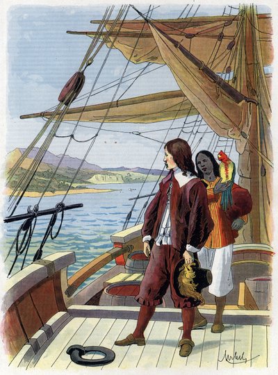 Robinson Crusoe opouští svůj ostrov - Ilustrace Felician MYRBACH MYRBACH RHEINFELD (1853-1940) Pro knihu Daniel Defoe (De foe) Robinson Crusoe. Žádné rande. Asi 1934 od Felicien baron de Myrbach Rheinfeld