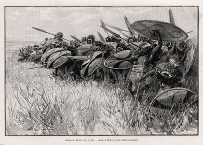 Útok Massaisů. Rytina od Myrbacha k ilustraci příběhu „“Au secours d