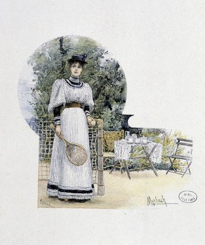 Mladá žena na tenisovém kurtu - rytina, konec 19. století od Felicien baron de Myrbach Rheinfeld