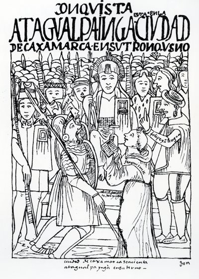 Diego de Almagro, Francisco Pizarro a Friar Vicente de Valverde klečící před Atahualpou Inca v Cajamarca od Felipe Huaman Poma de Ayala