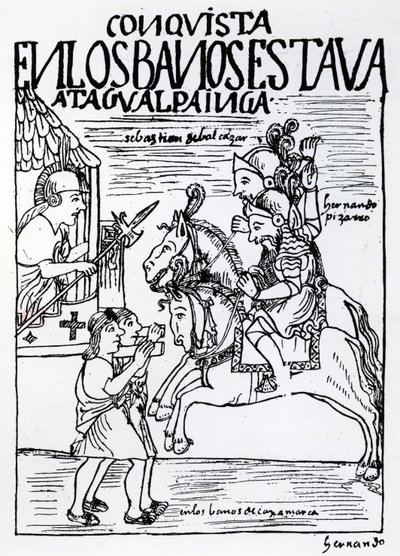 Sebastian de Benalcazar a Hernando Pizarro se střetávají s Inkou Atahualpou v královských lázních v Cajamarce (dřevoryt) od Felipe Huaman Poma de Ayala