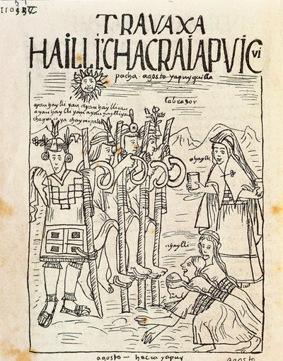 Začátek zemědělských prací v srpnu (kresba tuší od Felipe Huaman Poma de Ayala