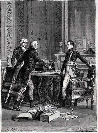 První porada tří konzulů v Peer-Lucembursku - Napoleon Bonaparte, Emmanuel Joseph Sieyes a Pierre Roger-Ducos 1799 - rytina Barbant, po Philippoteaux - První konzulát, 24 Frimaire VIII (15. prosince 1799), první setkání 1. od Felix (after) Philippoteaux