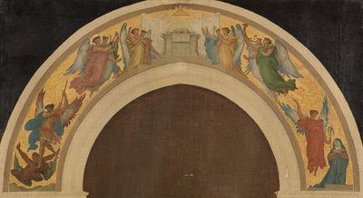 Náčrt kostela Nejsvětější Trojice: Paschální beránek. Skupina klanějících se andělů. Archanděl svatý Michael vítězí nad ďáblem. Zvěstování. Svatý Pavel. Svatý Petr, kolem roku 1864 (olej na plátně) od Felix A.M. (after) Jobbe Duval