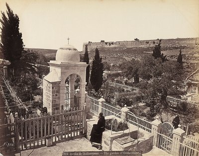 Pohled na Getsemanskou zahradu nebo Olivový sad, ve kterém podle tradice prožil Kristus poslední dny svého života od Félix Bonfils