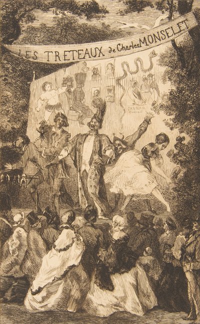 Frontispis pro Les Treteaux de Monselet, 1859. od Felix Bracquemond