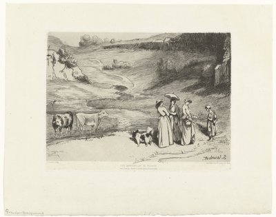 Mladé ženy dávají peníze pastýřce v kopcovité krajině Les demoiselles du villages (název na objektu) od Felix Bracquemond