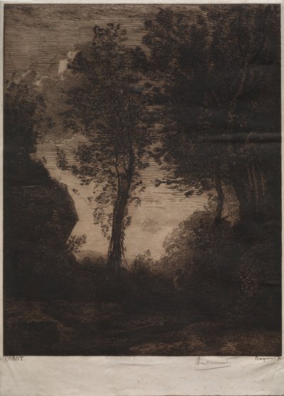 Krajina: Západ slunce, po Corot, c. 1858. od Felix Bracquemond