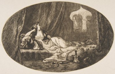 Odaliska ležící v harému, z Titres de Romance, 1857. od Felix Bracquemond