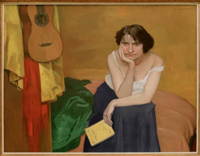Bruneta žena sedí vepředu, s kytarou od Felix Edouard Vallotton