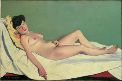 Nahá žena ležící na bílém prostěradle, žlutý polštář od Felix Edouard Vallotton