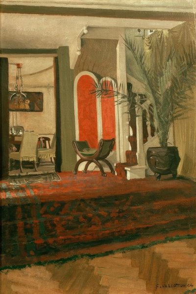 Interiér, obývací pokoj se schodištěm a jídelnou v zám od Felix Edouard Vallotton