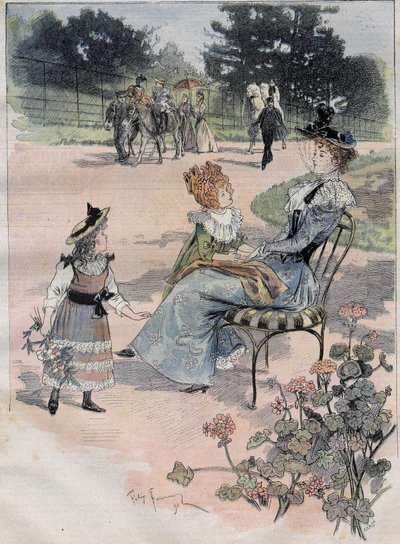 Dětská procházka do aklimatizační zahrady v Paříži v roce 1892. Rytina slévárenského akvarelu. od Felix Fournery