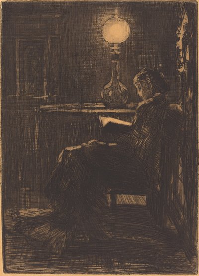 Čtečka lampy (žena čte při světle lampy) od Felix Hilaire Buhot