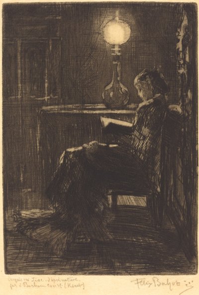 Žena čte ve světle lampy, 1879. od Felix Hilaire Buhot