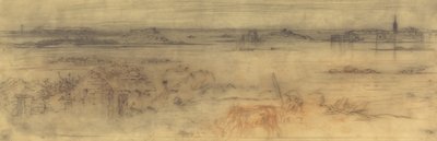 Přímořská krajina s opevněným městem vpravo, ostrovy vlevo a chatou v popředí, c1882. od Felix Hilaire Buhot