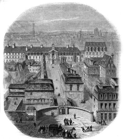 Pohled na továrnu na gobelíny v Paříži s kapucínským klášterem, observatoří a zámkem královny Blanche. Rytina Thorigny od Felix Thorigny