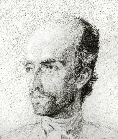 Portrét muže, asi 1845 (černá křída zvýrazněná bílou barvou na hnědém papíře) od Félix Ziem