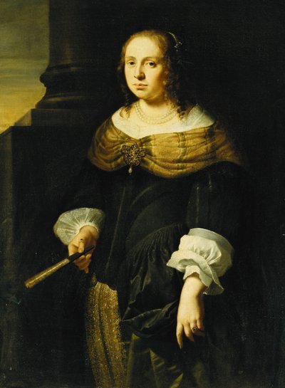 Portrét dámy, tříčtvrteční, na sobě černozelené šaty, držící vějíř, na sloupoví, od Ferdinand Bol