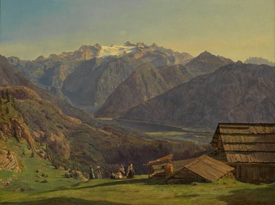 Pohled na horu Dachstein s jezerem Hallstättersee z hory Hütteneckalpe u Ischlu od Ferdinand Georg Waldmüller