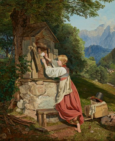 Dívka zdobí Matku Boží růží od Ferdinand Georg Waldmuller