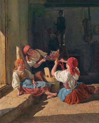 Děti zdobí klobouk brance. Obraz Ferdinanda Georga Waldmullera (1793-1865), olej na dřevě od Ferdinand Georg Waldmuller
