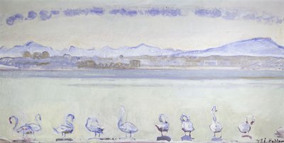 Devět labutí v přední části hornaté krajiny; Ženevský přístav s devíti labutěmi z Quai du Mont Blanc, 1915 od Ferdinand Hodler