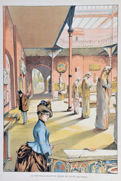 Nová místnost středověkého muzea v Cluny v Paříži 1887, Ferdinand Joseph GUELDRY (1858-1945) Rytina z roku 1887 v „Pařížském Illustrous journal weekly“ od Ferdinand Joseph Gueldry