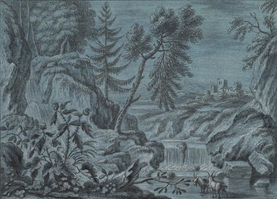 Jižní krajina s vodopádem a kozami, konec 18. století. od Ferdinand Kobell.