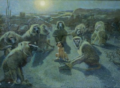 Mauglí v zajetí opice (olej a inkoust na plátně) od Ferdinand Schebek