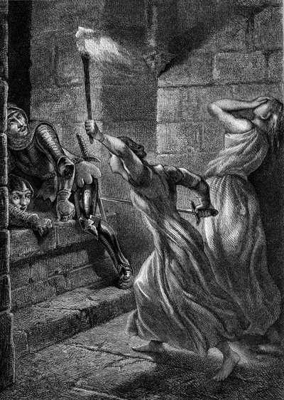 Hrdinství: Julienne Du Guesclin, sestra Bertranda Duguesclina, popadla prase, aby odrazila anglické vojáky snažící se napadnout hrad Pontorson. 14. století. Rytina z roku 1864 od Eugene Delacroix. od Ferdinand Victor Eugene (after) Delacroix