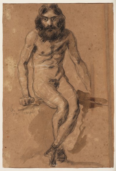 Běžící koně (recto); sedící nahý vousatý muž (verso), asi 1800-1899 (černá a bílá křída (recto), černá a bílá křída a hnědá lazura (verso), na hnědě připraveném hlazeném papíře) od Ferdinand Victor Eugene (after) Delacroix