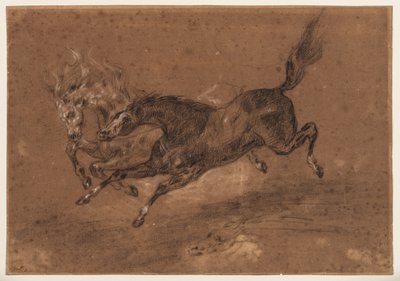 Běžící koně (recto); sedící nahý vousatý muž (verso), asi 1800-1899 (černá a bílá křída (recto), černá a bílá křída a hnědá lazura (verso), na hnědě připraveném hlazeném papíře) od Ferdinand Victor Eugene (follower of) Delacroix