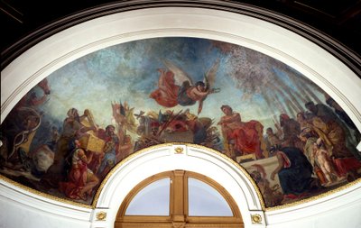 Alexandr Veliký (356-323 př. n. l.) zhotovující Homérova díla uzamčená ve zlaté kazetě. Kopule knihovny Senat v Palais du Luxembourg v Paříži. Obraz Eugene Delacroix (1798-1863) od Ferdinand Victor Eugene Delacroix