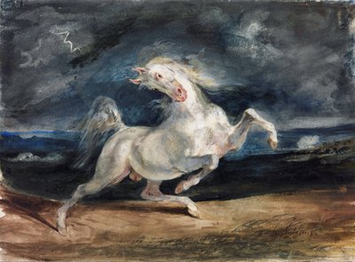 Cheval effraye par la foudre - Kůň vystrašený bleskem - Delacroix, Eugene (1798-1863) - 1825-1829 - Akvarel, kvaš na papíře - 23,6x32 - Szepmuveszeti Muzeum, Budapešť od Ferdinand Victor Eugene Delacroix