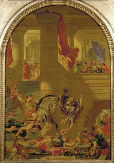 Heliodoros vyhoštěn z chrámu poté, co se pokusil zabavit chrámový poklad (nástěnnou malbu). od Ferdinand Victor Eugene Delacroix