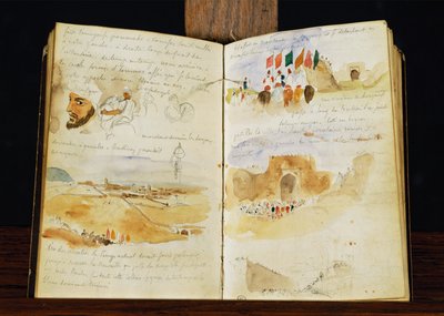 Skicy Arabů, krajiny Maroka, arabské davy, brána Meknesu a ručně psané poznámky ... od Ferdinand Victor Eugene Delacroix