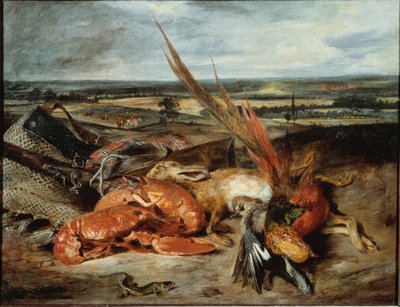 Zátiší s humry a trofejemi z lovu a rybolovu - olej na plátně od Ferdinand Victor Eugene Delacroix