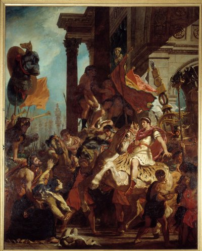 Soudce Trajana Vdova, jejíž syn byl zabit, hledá spravedlnost u císaře Trajana (Marcus Ulpius Trajanus, 53-117), který odchází do války. Ilustrace očistce v „“La Divina Commedia““ (Božská komedie) od Dante Alighieriho (1265-1321) Obraz Eug od Ferdinand Victor Eugene Delacroix
